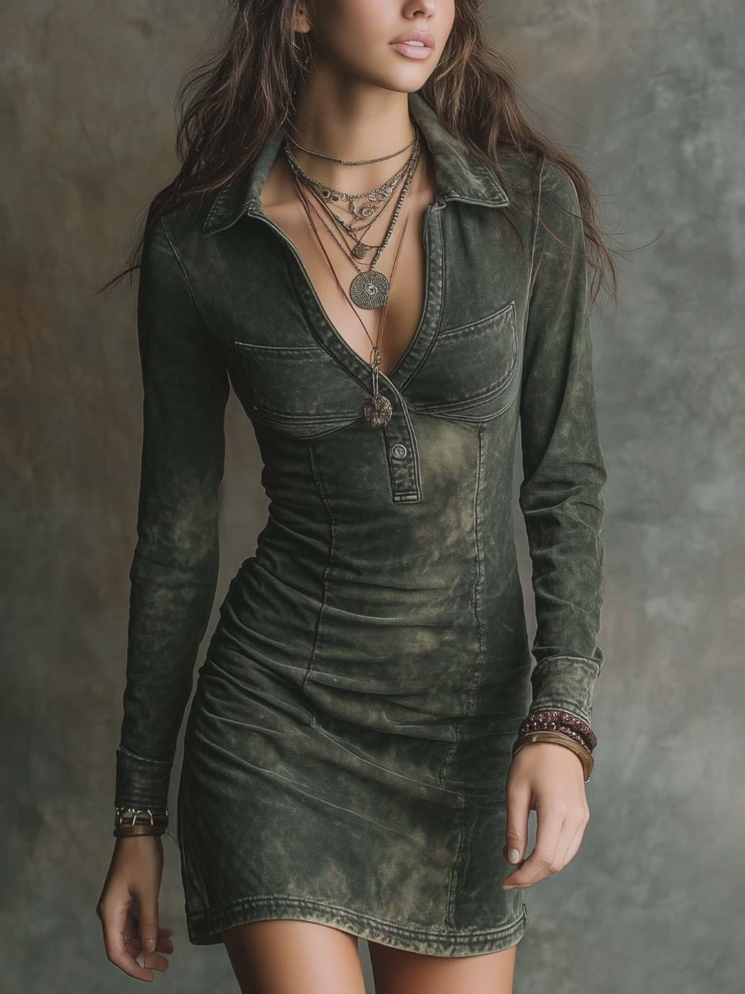 Washed Army-Green Fitted Denim Mini Dress