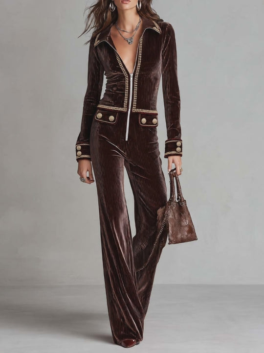 Retro Corduroy Jumpsuit With Gold-trimmed Zip-up Jacket And Flared Trousers