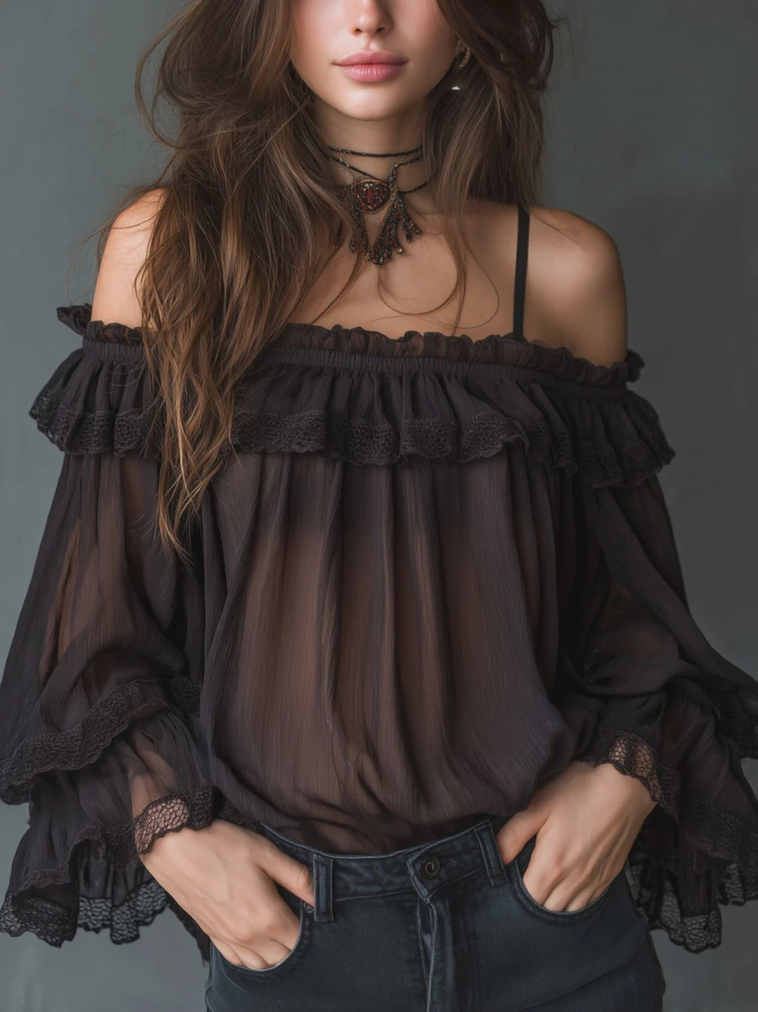 Romantic Cold-Shoulder Ruffle Chiffon Blouse With Lace Trim