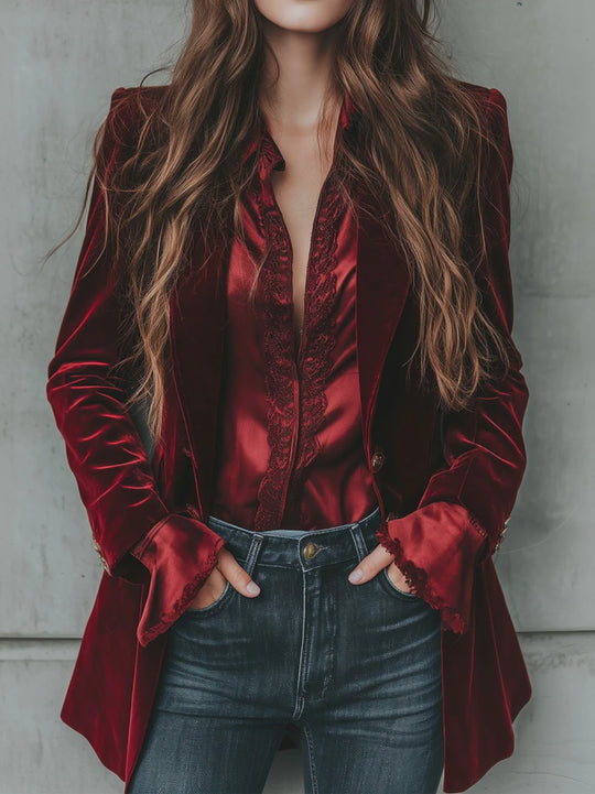 Vintage Longline Burgundy Velvet Blazer