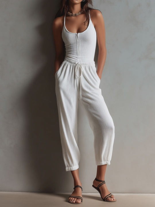 Boho Casual White Ribbed Knit Drawstring Waist Jumpsuit