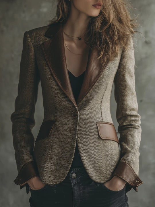 Retro Herringbone Wool PU Patchwork Lapel Blazer