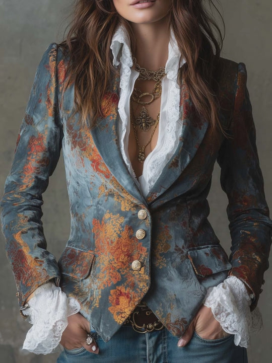 Retro Oil Painting Style Polyester Velvet Printed Double-breasted Blazer