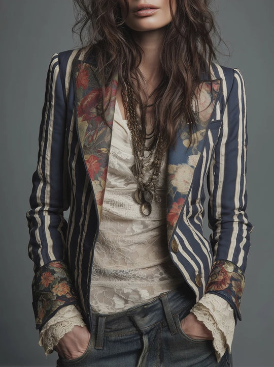 Bohemian Floral Print Cotton And Linen Striped Blazer