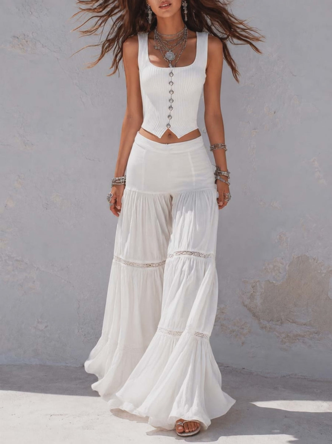Bohemian White Ribbed Corset Top And Tiered Lace Pants Set
