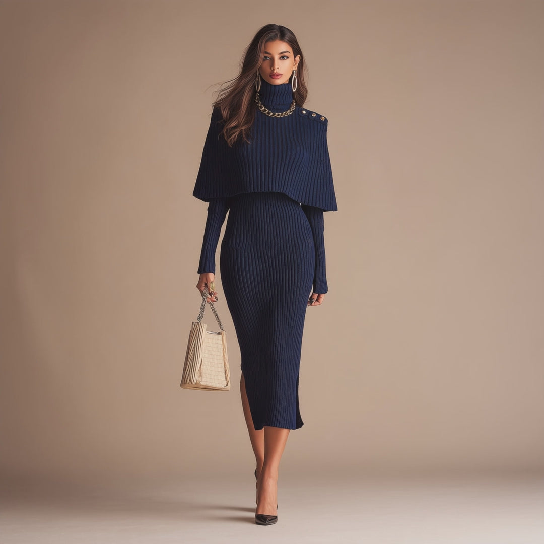 Ribbed Knit Turtleneck Midi Dress with Cape Overlay