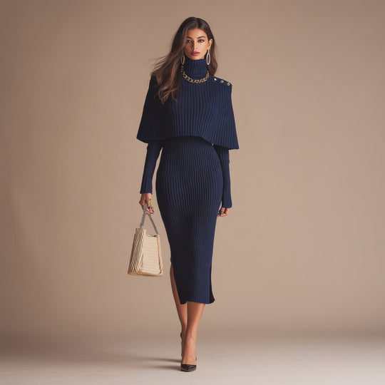 Ribbed Knit Turtleneck Midi Dress with Cape Overlay