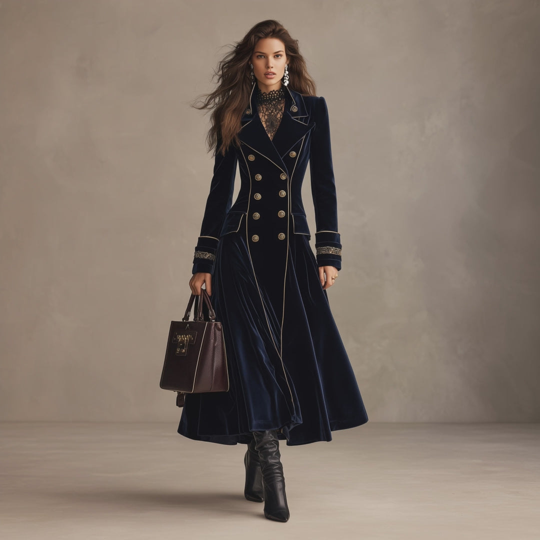 Navy Velvet Cuff Embroidery Double-Breasted Long Coat With Gold Piping