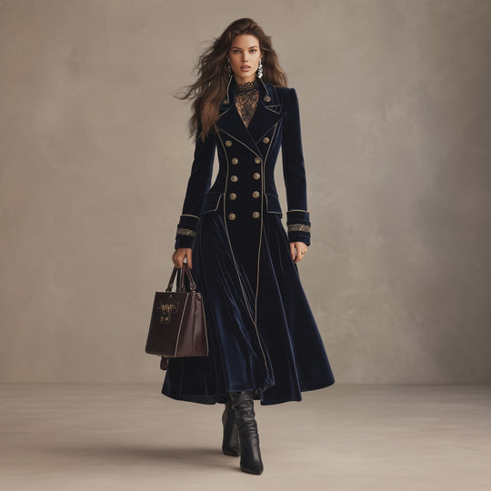 Navy Velvet Cuff Embroidery Double-Breasted Long Coat With Gold Piping