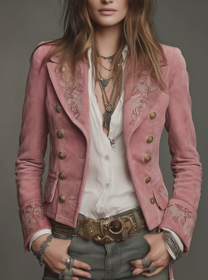 Vintage Double-Breasted Suede Embroidery Jacket