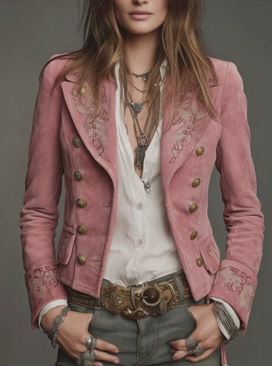 Vintage Double-Breasted Suede Embroidery Jacket