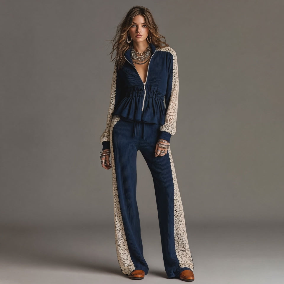 Elegant Navy Vertical Ribbed Knit Two Piece Outfit Zip Front Peplum Top Off White Floral Lace Panel Wide Leg Pants