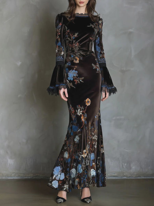 Elegance Midnight Velvet Floral Gown With Lace Trim