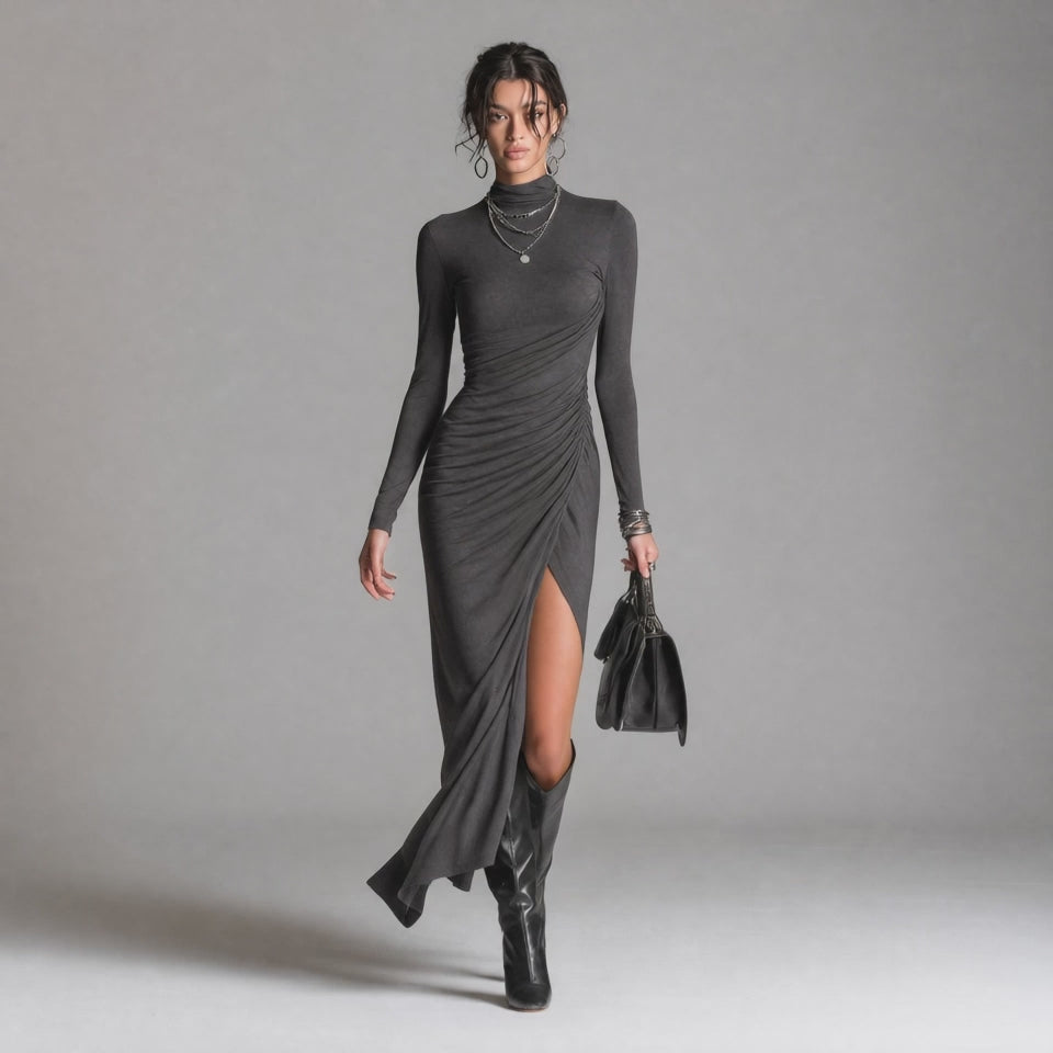 Elegant Stretch Knit Ruched High Neck Long Sleeve Bodycon Maxi Dress With Side Slit