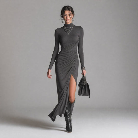 Elegant Stretch Knit Ruched High Neck Long Sleeve Bodycon Maxi Dress With Side Slit