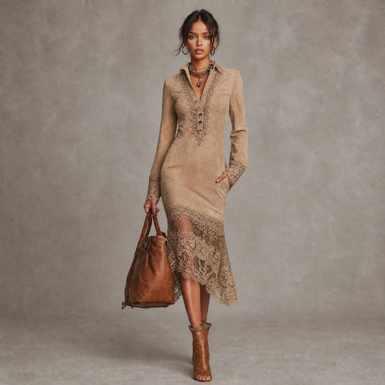 Vintage Suede Lace-Trim Long Sleeve Midi Dress with Button Front