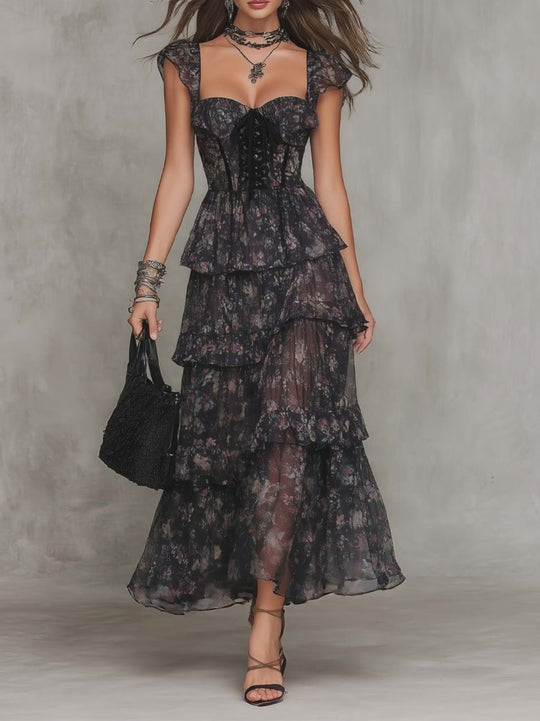 Gothic Floral Corset Tiered Chiffon Midi Dress