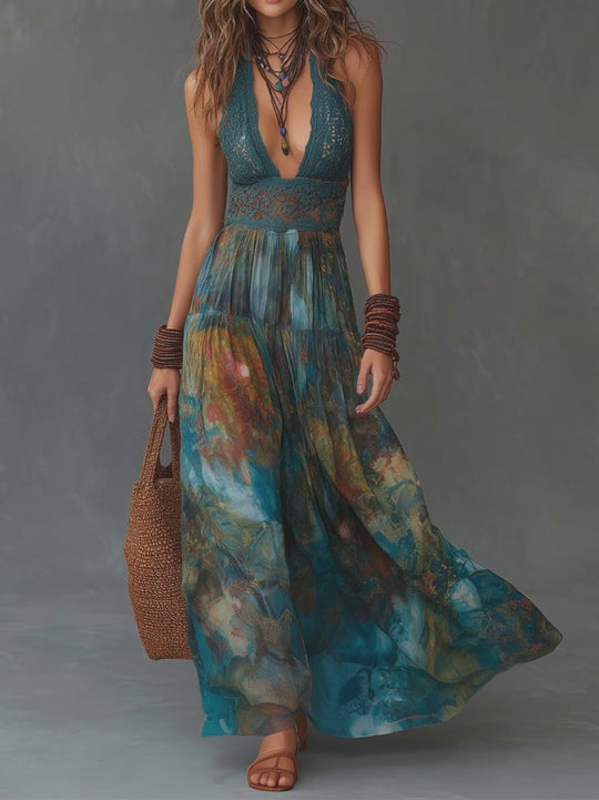Bohemian Halter Lace Watercolor Print Maxi Dress