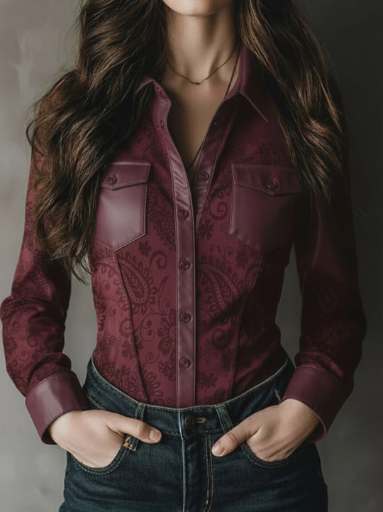 Western Charm Burgundy Paisley Embossed Blouse