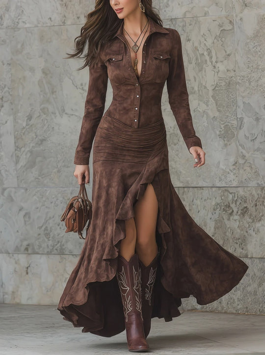 Retro Irregular Ruffle Hem Maxi Dress