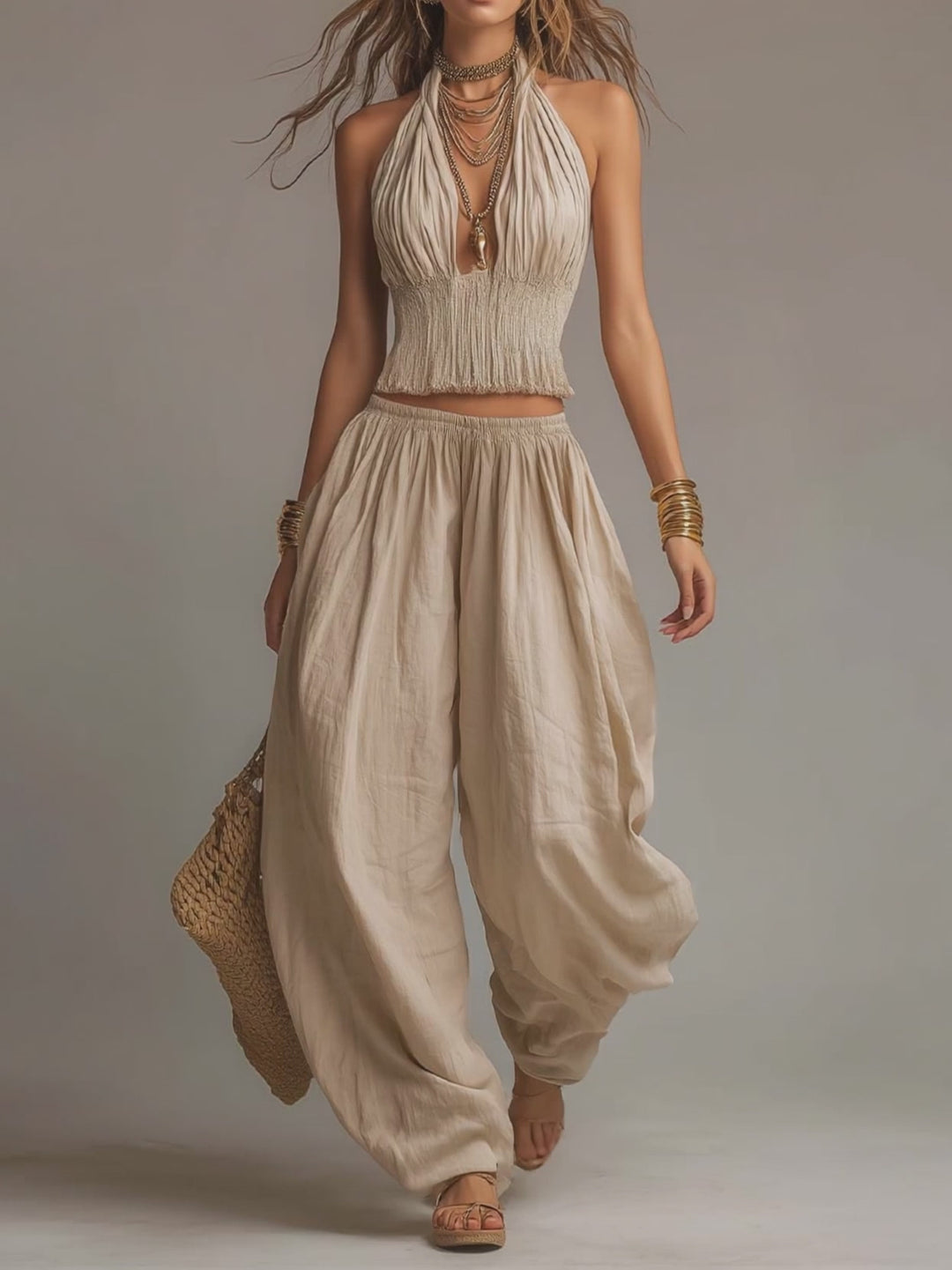 Bohemian Cotton-Linen Halter Smocked Crop Top & Harem Pants Two-Piece Set