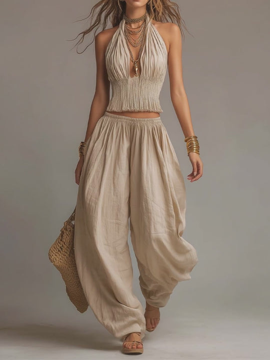 Bohemian Cotton-Linen Halter Smocked Crop Top & Harem Pants Two-Piece Set