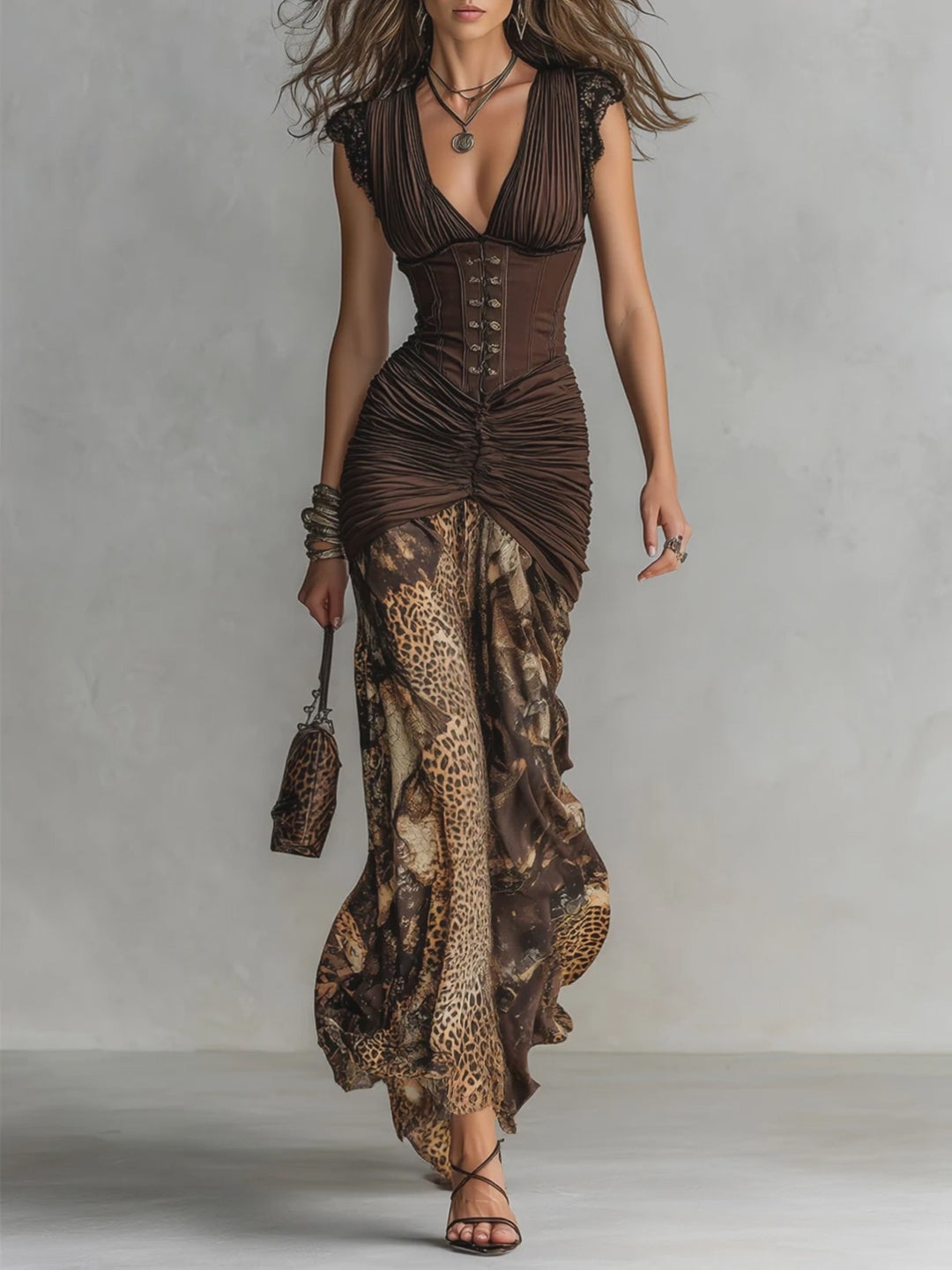 Vintage Corset Leopard Print Pleated Maxi Dress