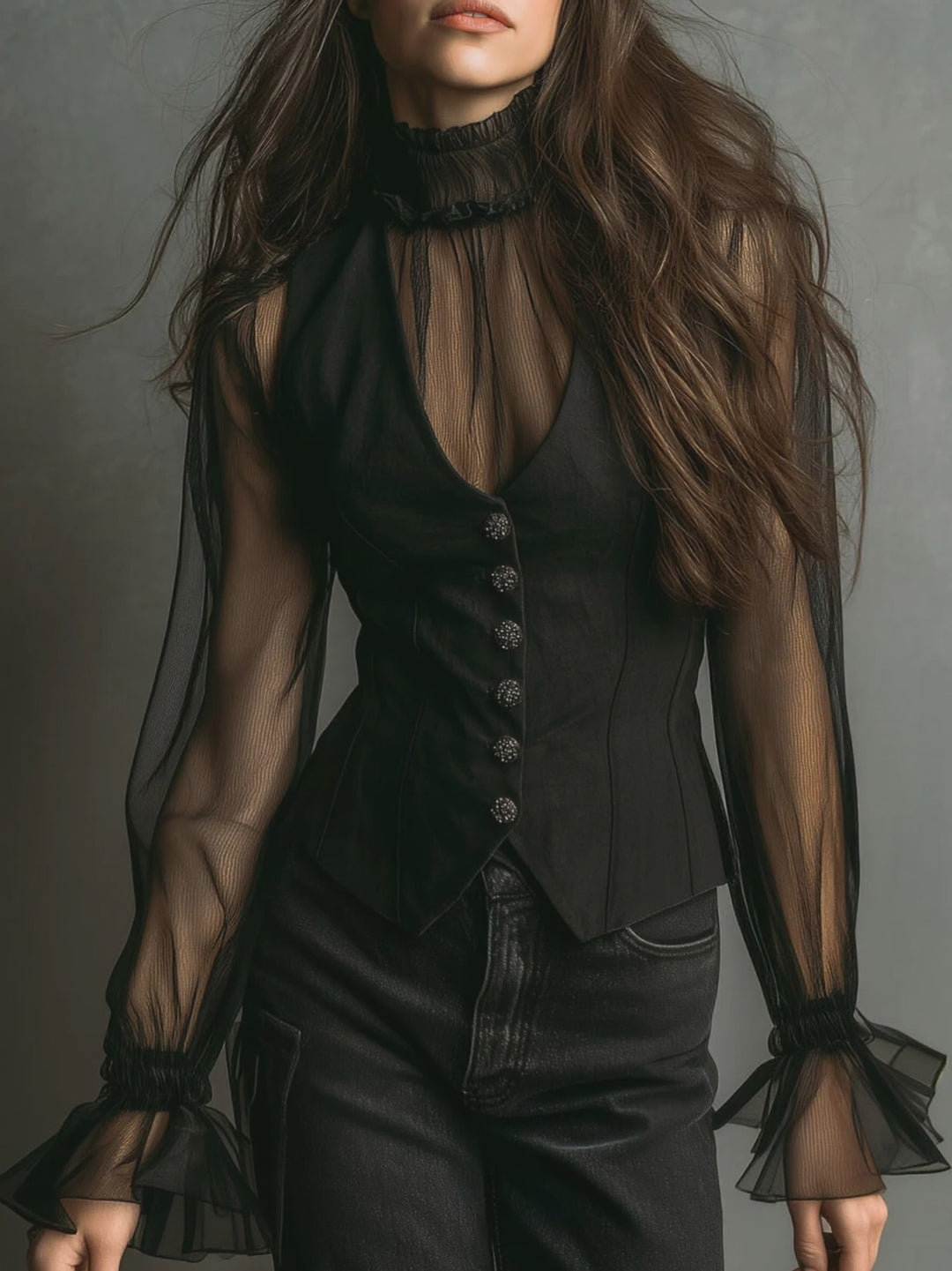 Retro Black Sheer Organza Contrast-Collar Blouse