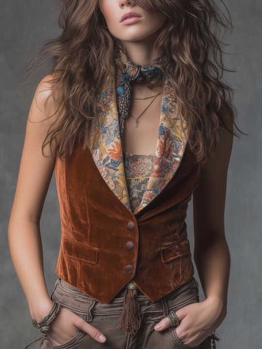 Vintage-style Printed Collar Velvet Vest