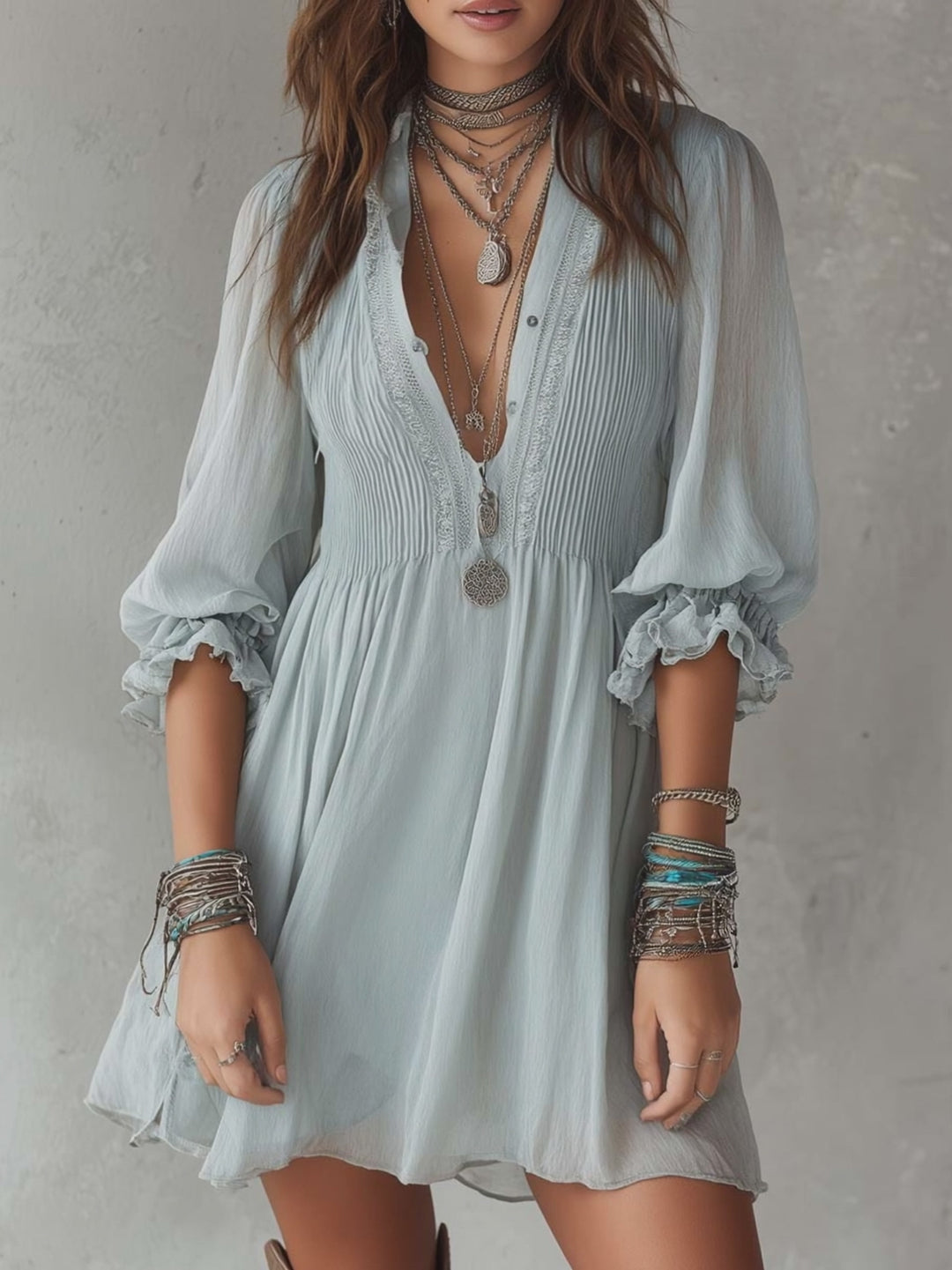 Retro Short-sleeved Ruffle Cuffs Chiffon Mini Dress