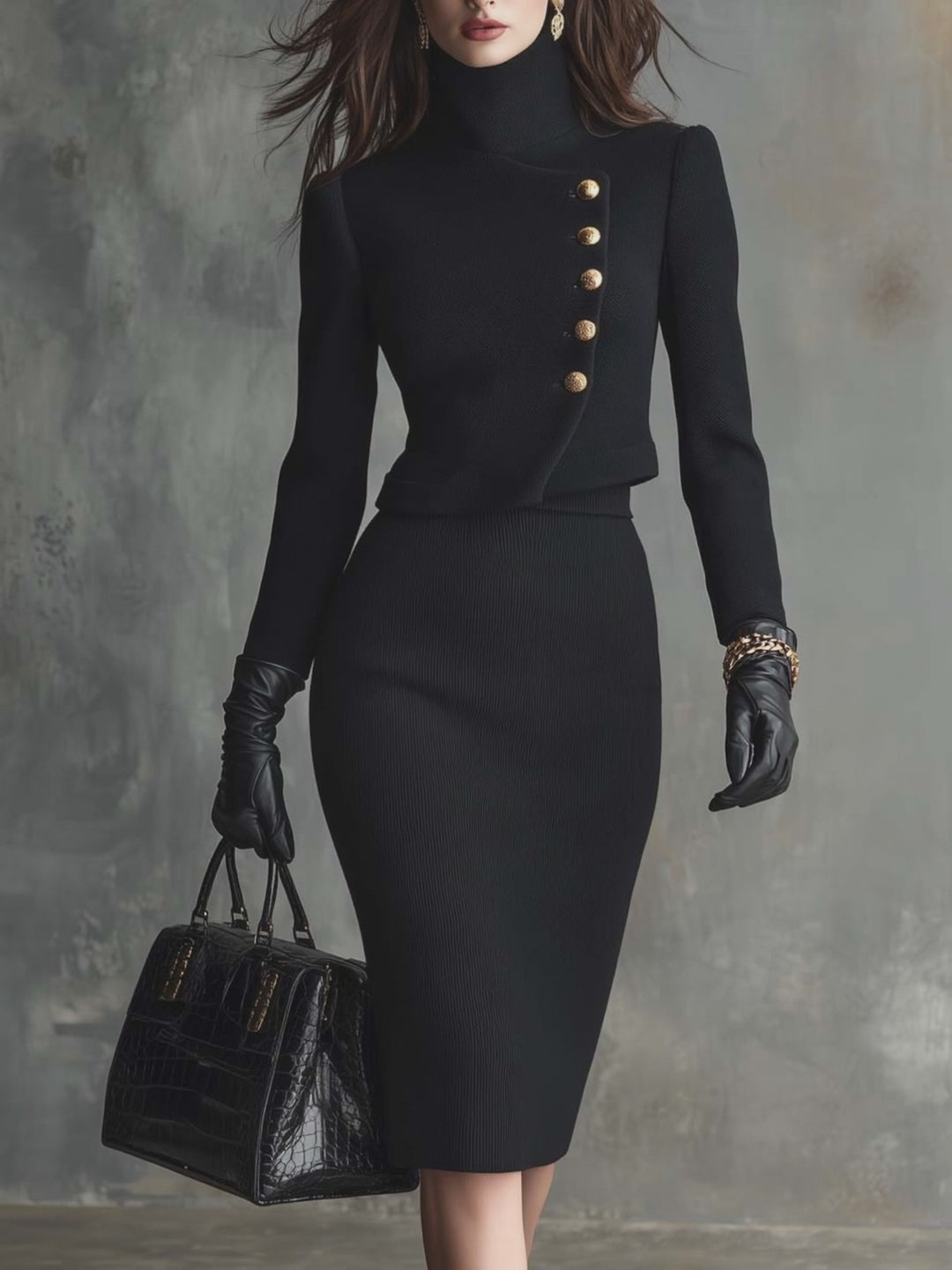 Vintage Wool-blend Jacket With An Asymmetrical Placket Knitted Skirt Two-piece Set