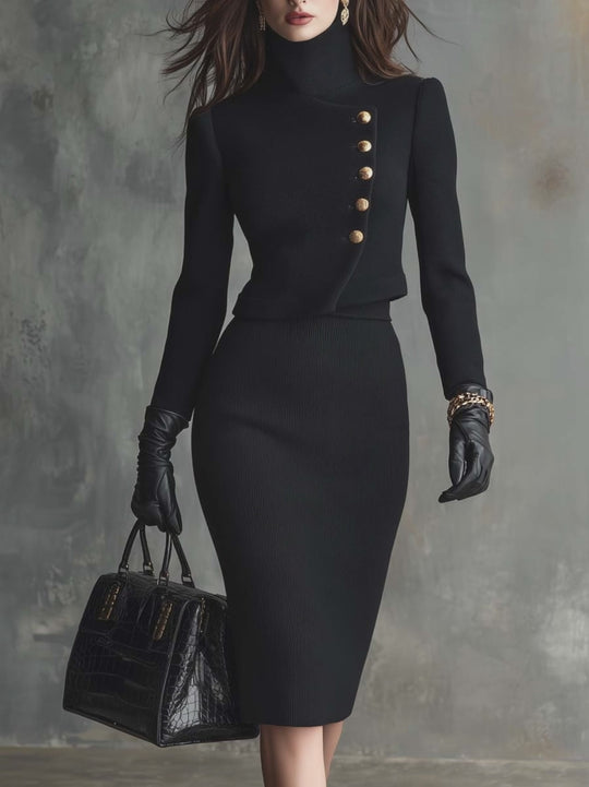 Vintage Wool-blend Jacket With An Asymmetrical Placket Knitted Skirt Two-piece Set