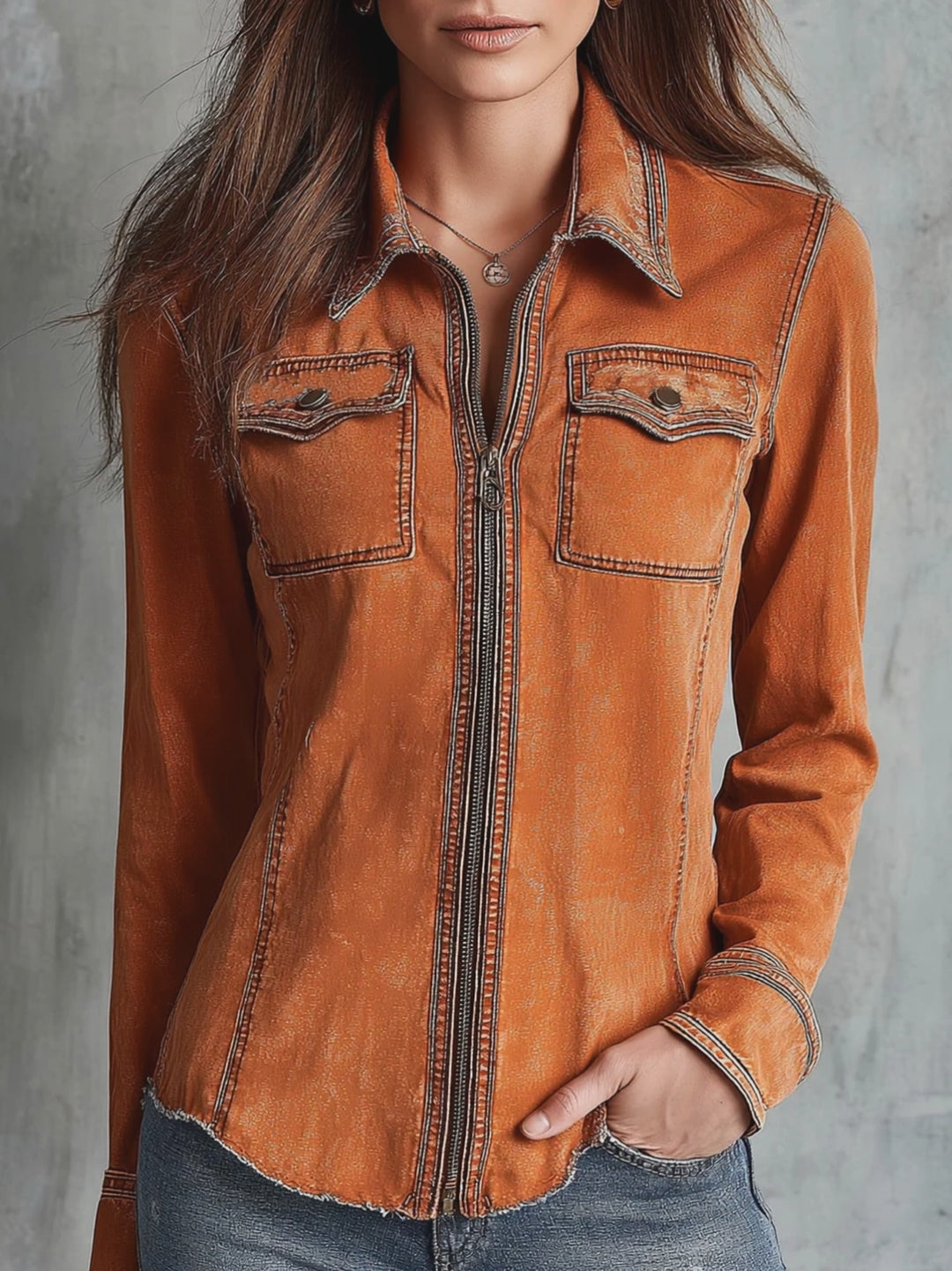 Vintage Burnt Orange Utility Zip Denim Jacket