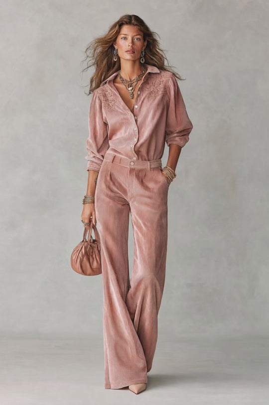 Boho Corduroy Lace-Trim Shirt & Wide-Leg Pants Set