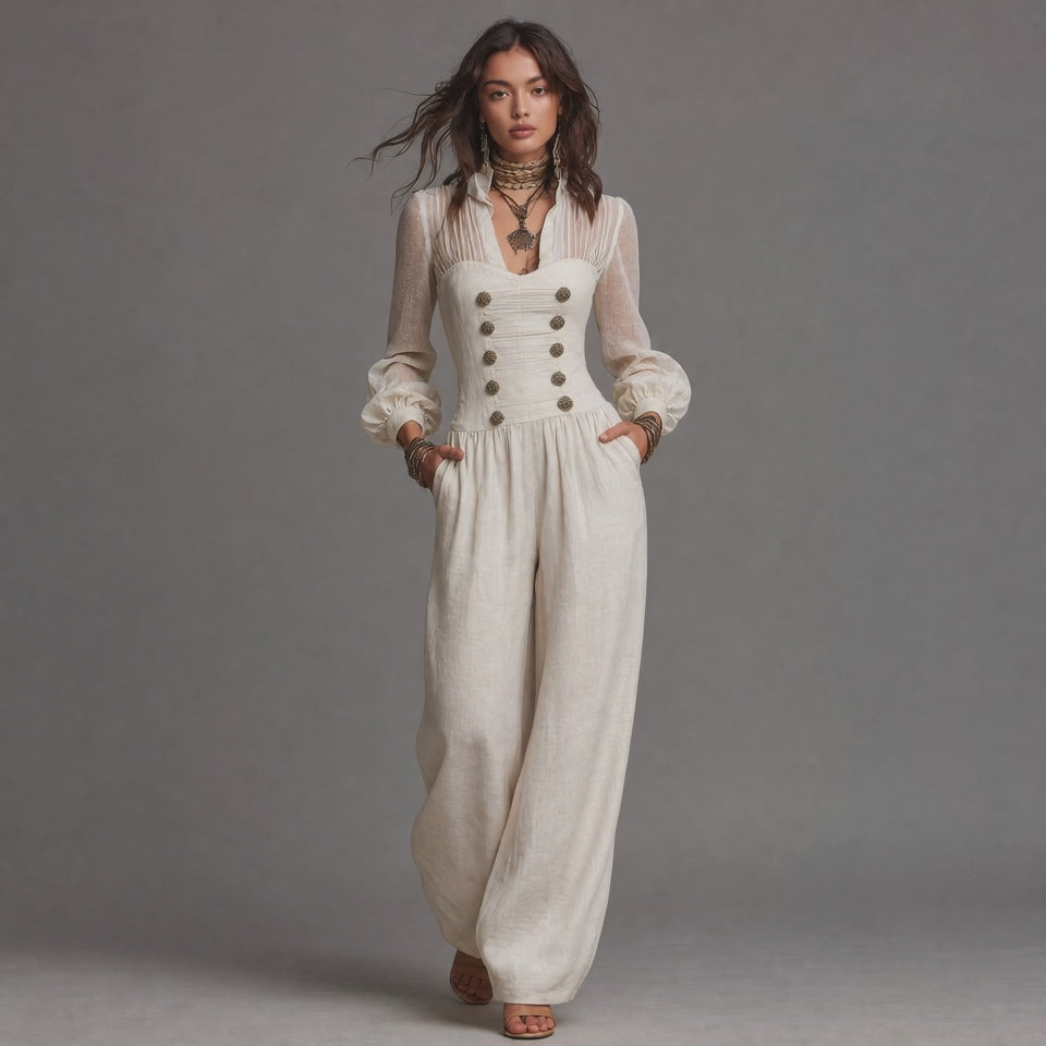 Vintage Napoleonic Style Sheer Sleeve Button Front Wide Leg Jumpsuit