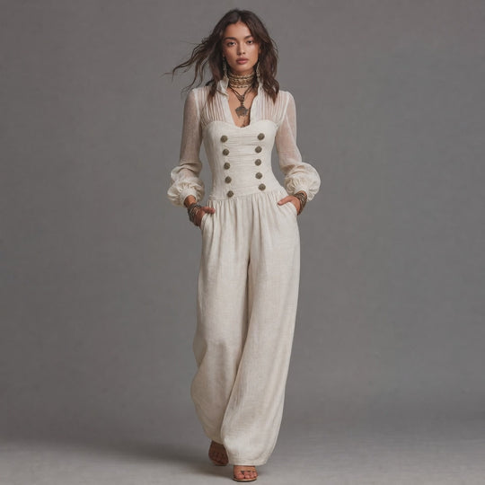 Vintage Napoleonic Style Sheer Sleeve Button Front Wide Leg Jumpsuit