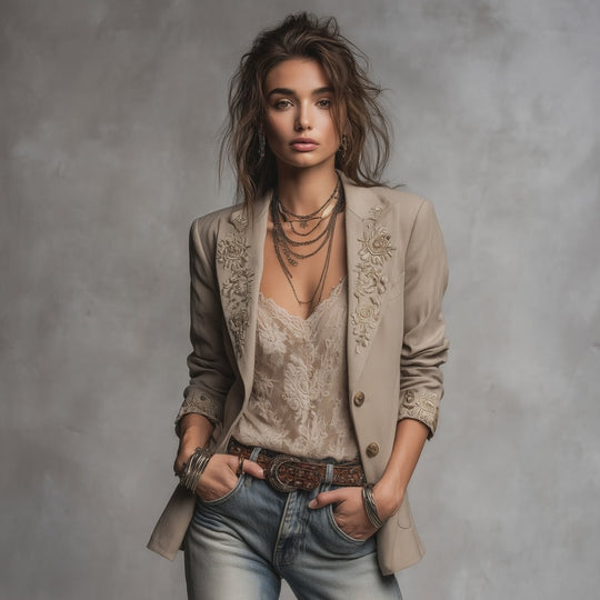 Boho Western Light Khaki Linen Blend Beige‑Gold Floral Embroidered Lapel Blazer