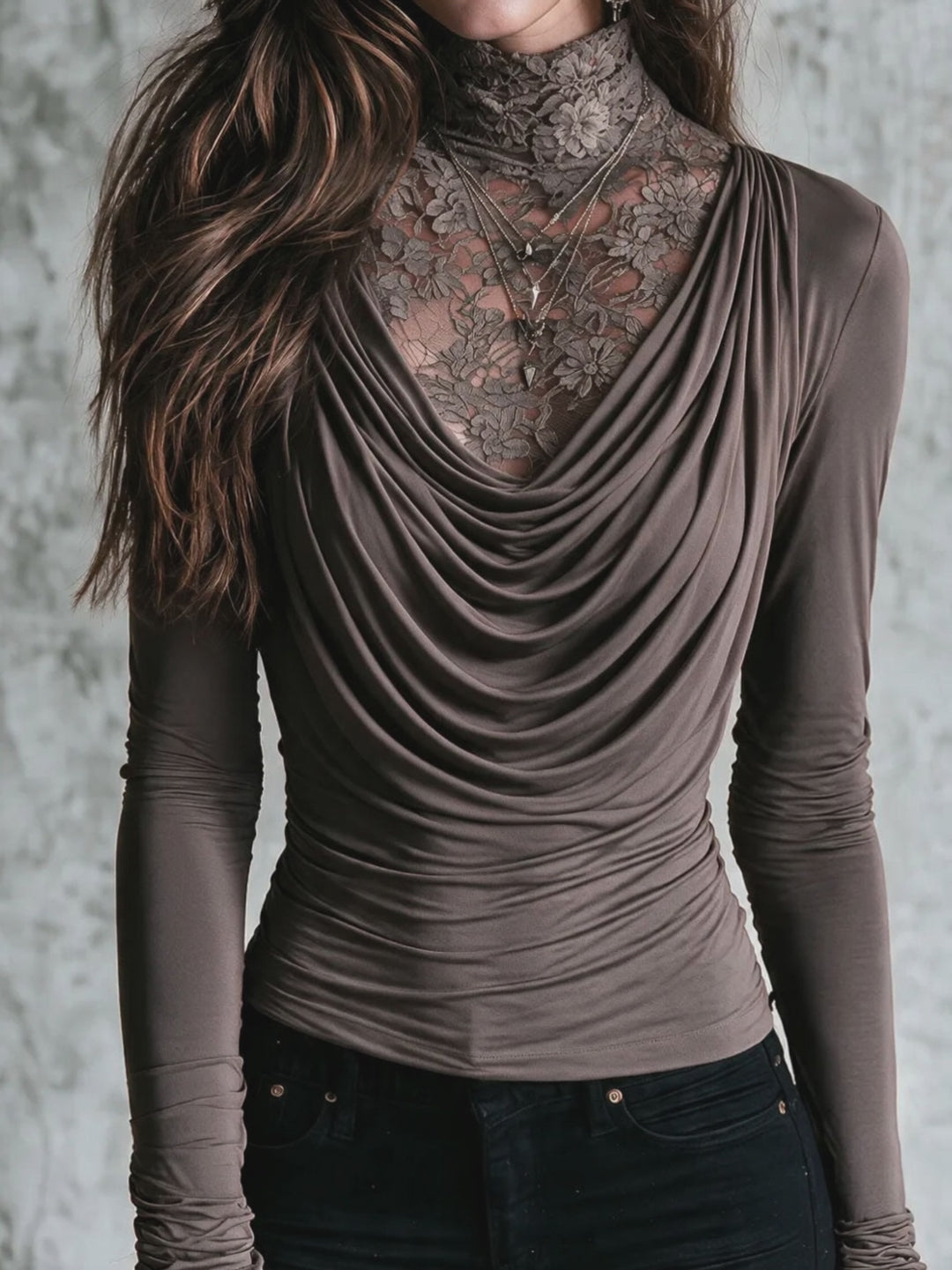 Boho Taupe Lace Mock Neck Draped Cowl Long Sleeve Two-in-One Top