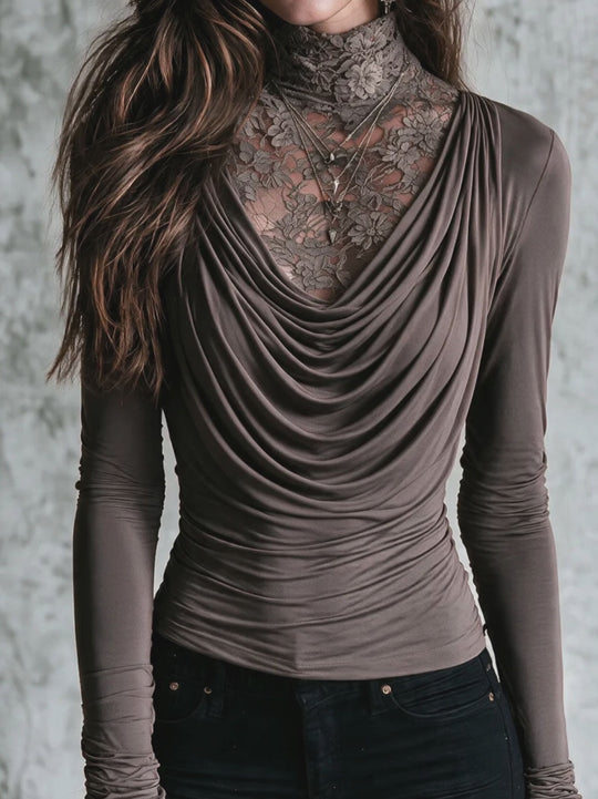 Boho Taupe Lace Mock Neck Draped Cowl Long Sleeve Two-in-One Top