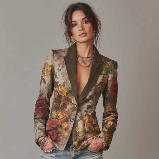 Vintage Floral Print Blazer with Contrast Collar Slim Fit Jacket