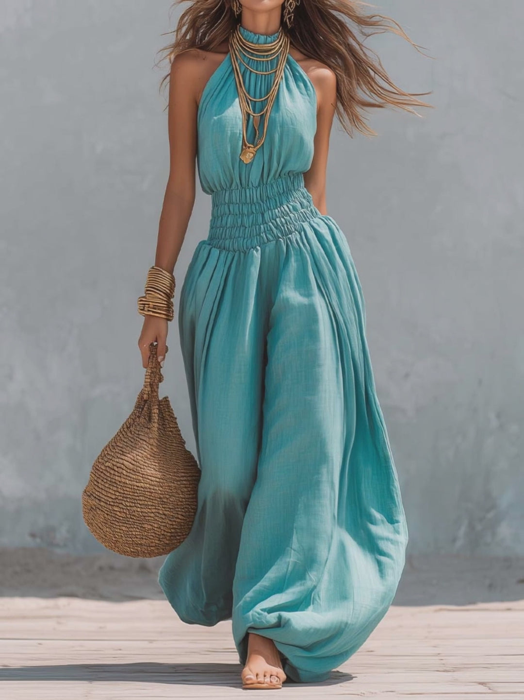 Bohemian Cotton-Linen Halter Smocked Balloon-Leg Jumpsuit