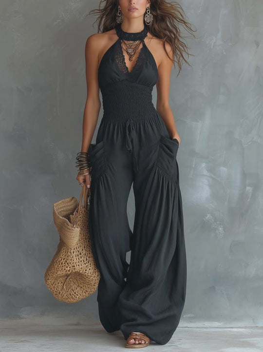 Retro Lace Halter-Neck Jumpsuit With Pockets