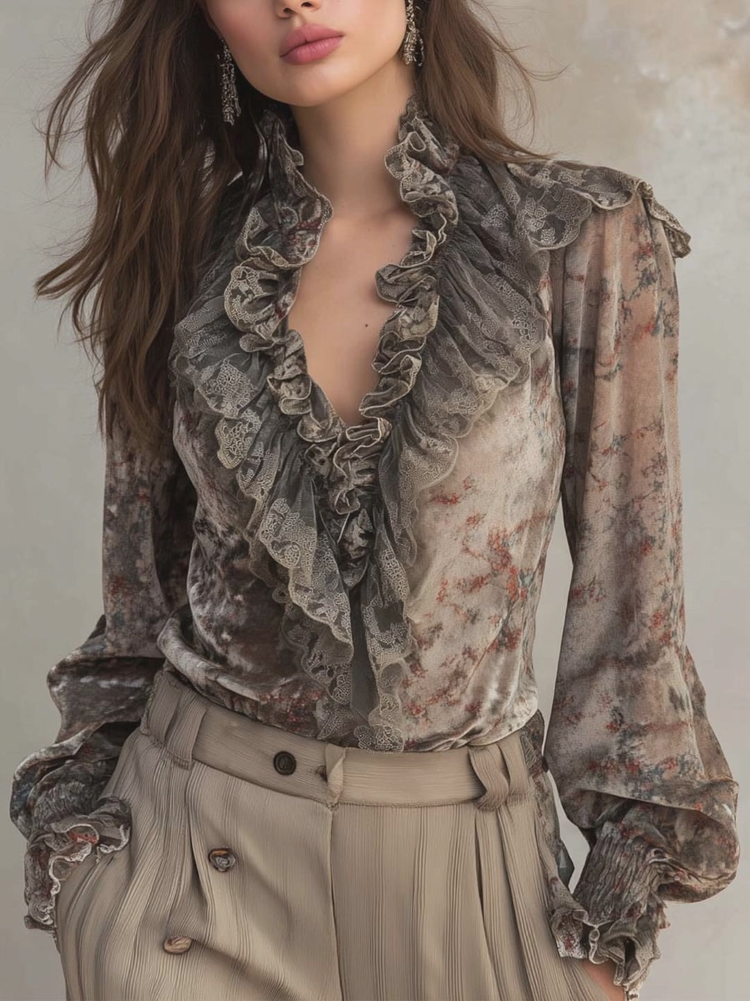 Velvet Floral Print Ruffled Blouse