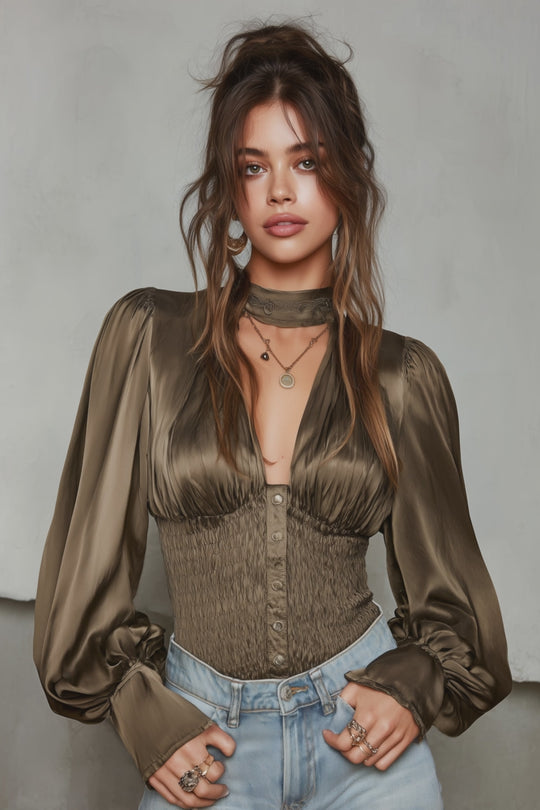 Vintage Satin Deep V-Neck Balloon Sleeve Smocked Waist Blouse