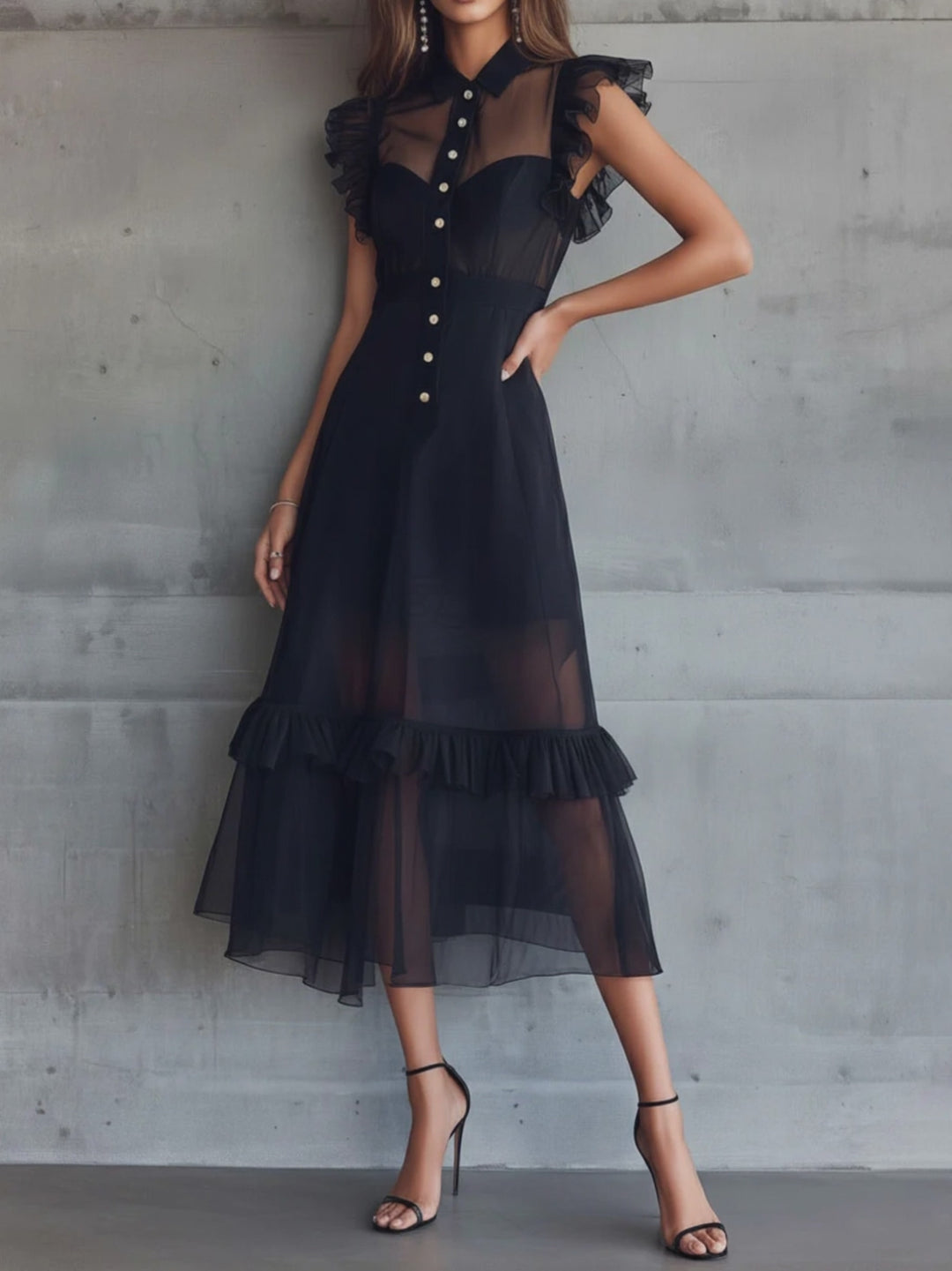 Elegant Sheer Black Chiffon Ruffle-Trim Midi Dress