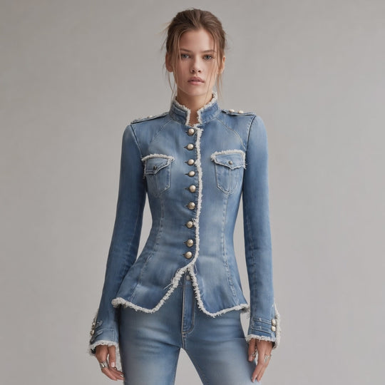 Vintage Slim Fit Military Style Denim Jacket with Frayed Trim and Button Front