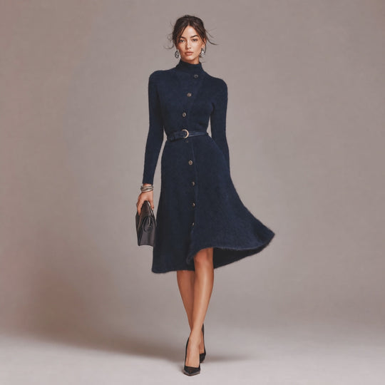 Vintage Mock Neck Button-Front Belted Fuzzy Knit Sweater Dress