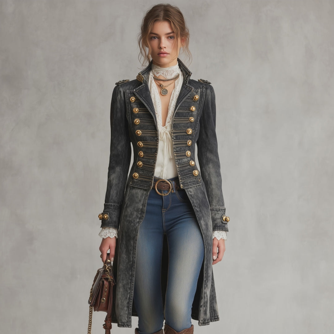 Women's Military Style Washed Denim Long Coat with Gold Buttons