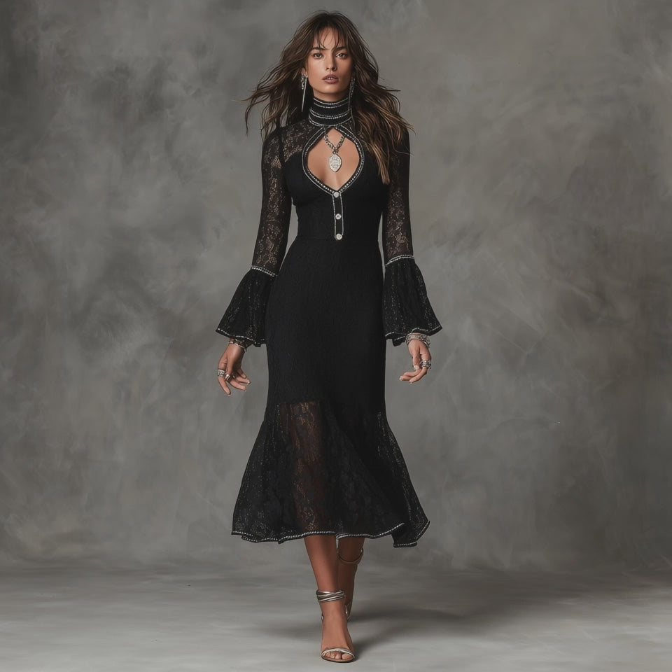 Vintage High Neck Cutout Long Bell Sleeve Silver Rhinestone Piping Black Floral Lace Mermaid Midi Dress