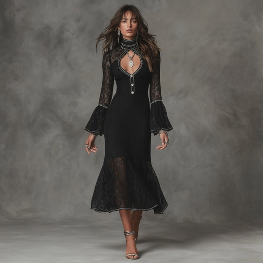 Vintage High Neck Cutout Long Bell Sleeve Silver Rhinestone Piping Black Floral Lace Mermaid Midi Dress